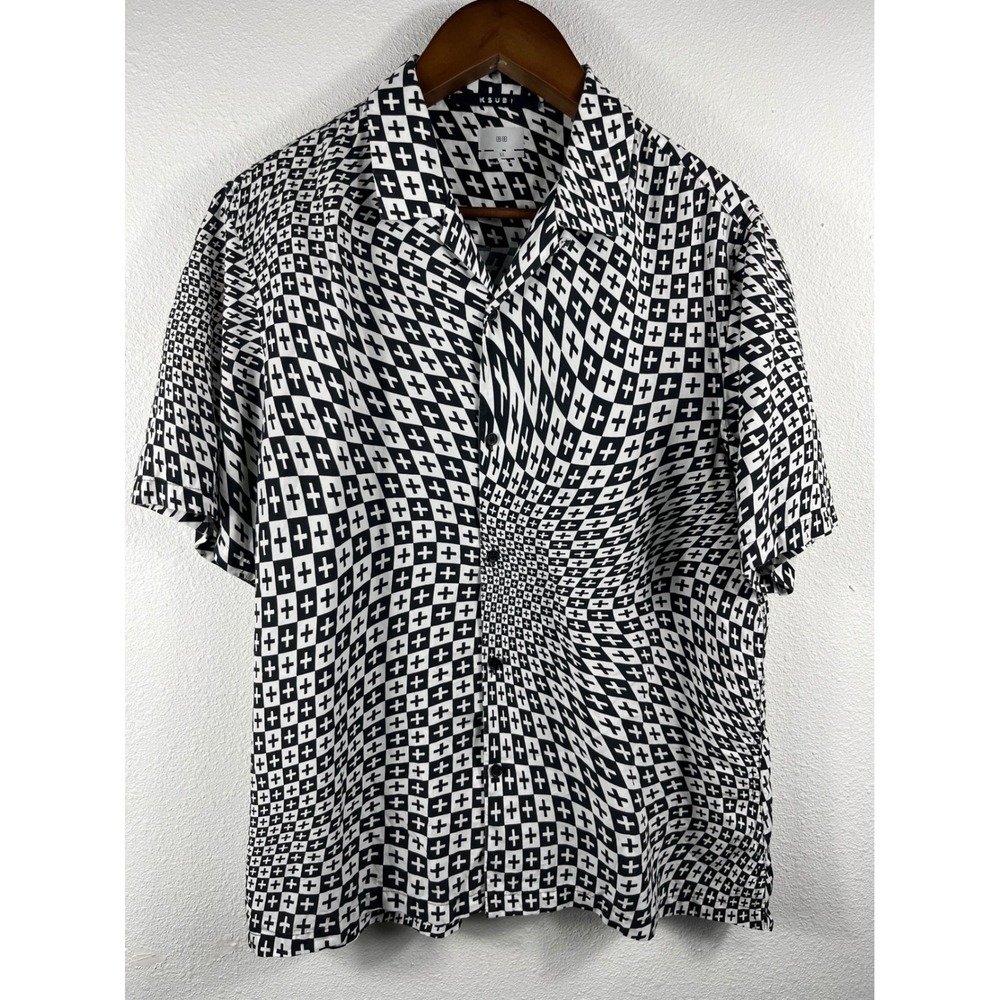 Ksubi Mens XL Black White Optical Illusion Cross Print Tencel Short Sleeve Shirt